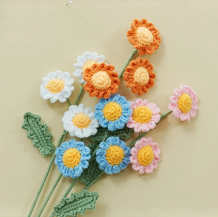 Best price crochet flower stem wedding hand-knitted daisies crochet daisy gerbera flower with leaf