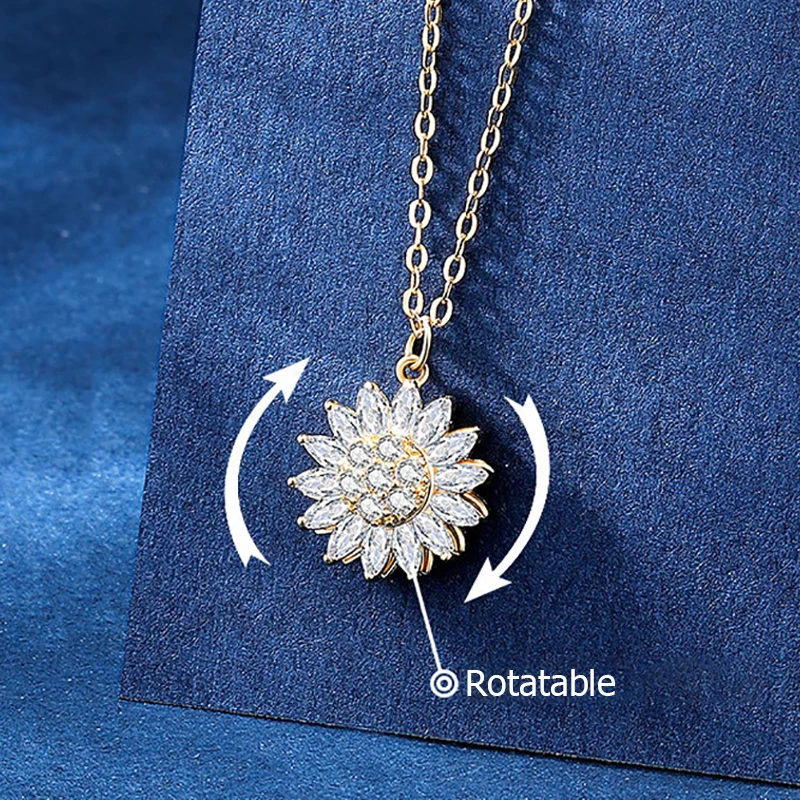 Zircon Rotate Daisy Sunflower Pendant Choker Necklace Luxury Niche Rotating Crystal Flower Stainless Steel Jewelry