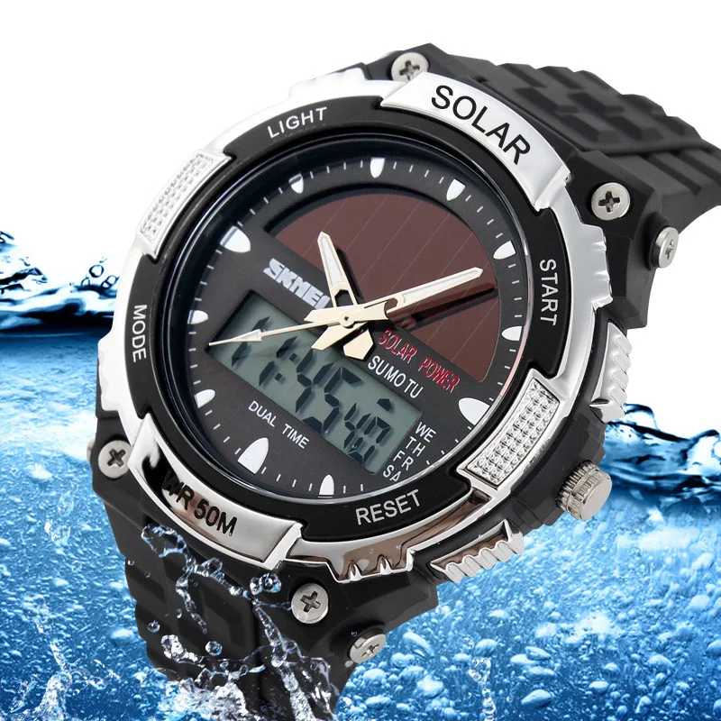 skmei 1049 Outdoor Complete Calendar Day/date Auto Alarm led digital sports silicone strap 50m waterproof solar system watch