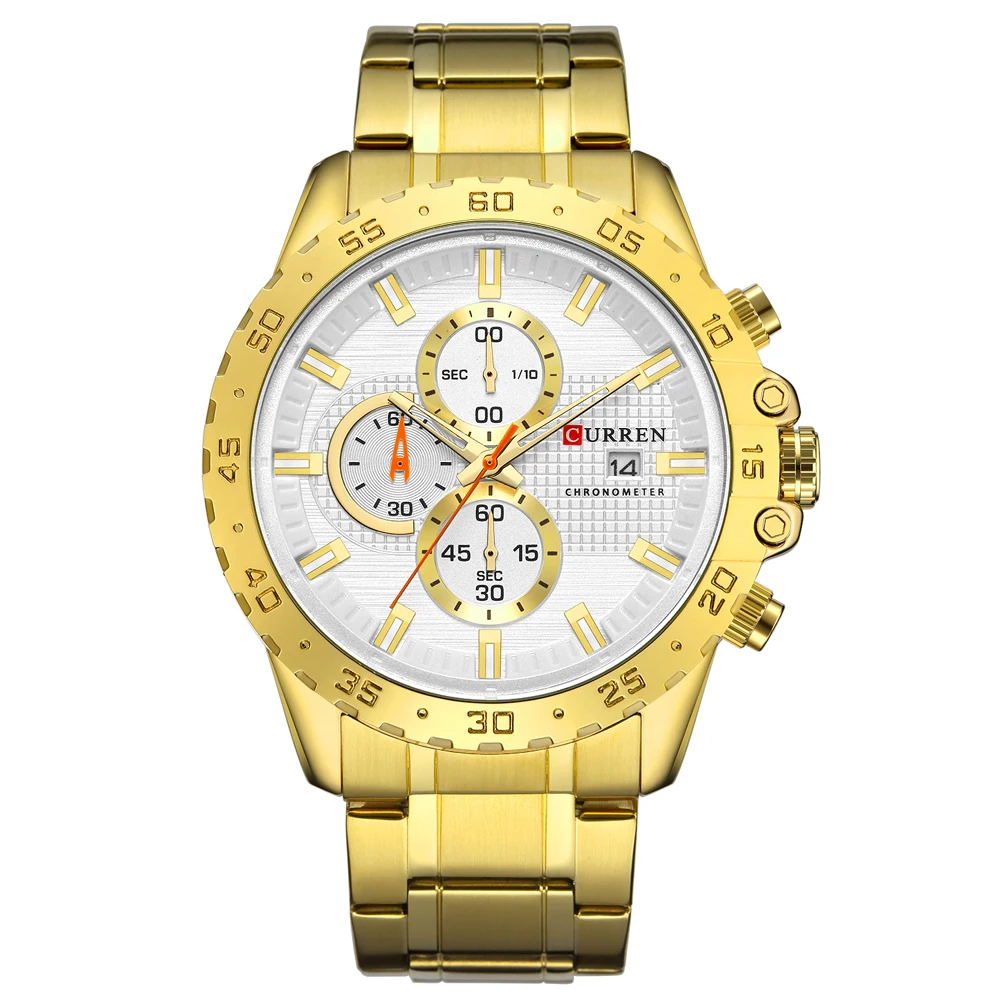 2019 new Curren 8334 Quartz Watch Luxury Gold Stainless Steel chain Japan Quartz Men chronograph Wristwatches