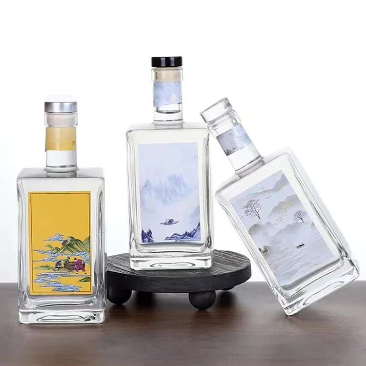 Bulk Price Crystal Clear 500ml 750ml Square Glass Gin Brandy Bottles Whiskey Vodka Bottle For Tequila