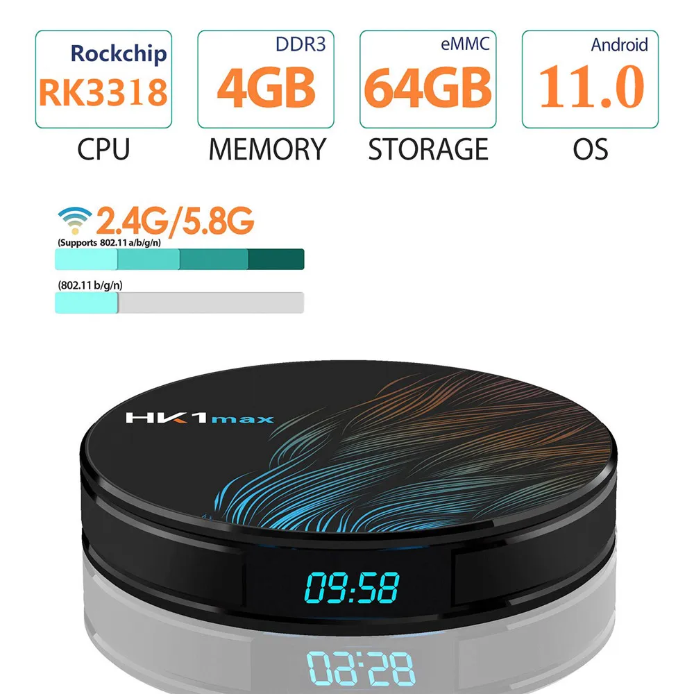HK1 MAX Smart Android 11 TV Box  RK3318 4GB RAM 64GB 32GB ROM 2.4G/5G Wifi BT 4.0 RK Quad Core Set-Top Box