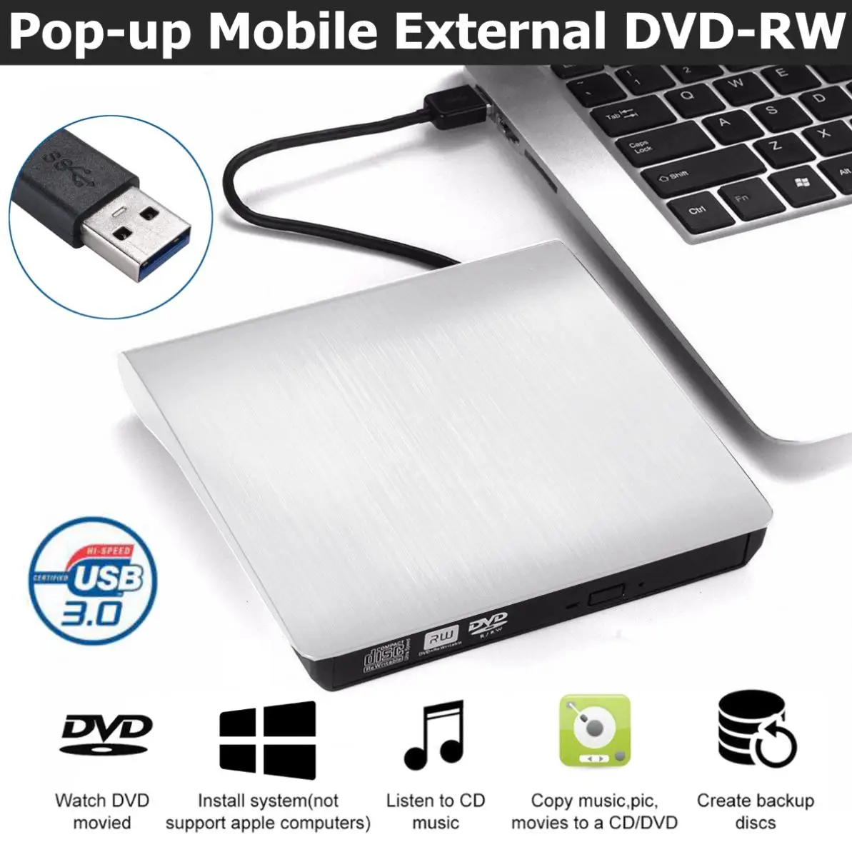 External DVD Drive USB 3.0 Portable CD DVD RW Drive Writer Burner Optical Player Compatible For Windows 10 Laptop Desktop iMacs