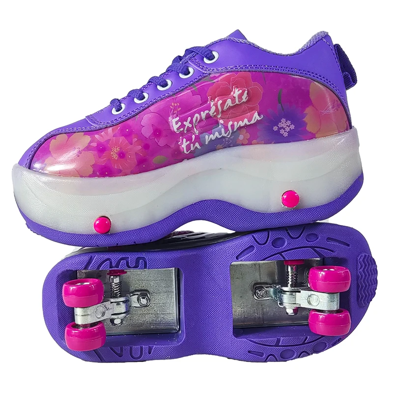Factory Sales Kids LED Light Up Deformation Roller Skates Shoes Sneaker with Wheels for Children