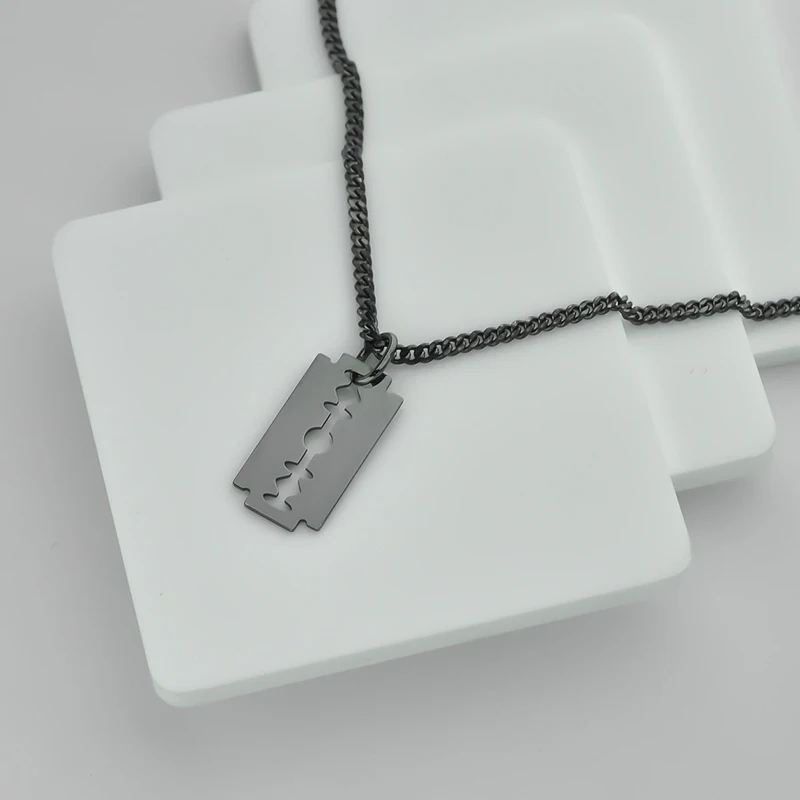Stainless Steel Chain Black Plated Razor Blade  Charm Necklace For Men