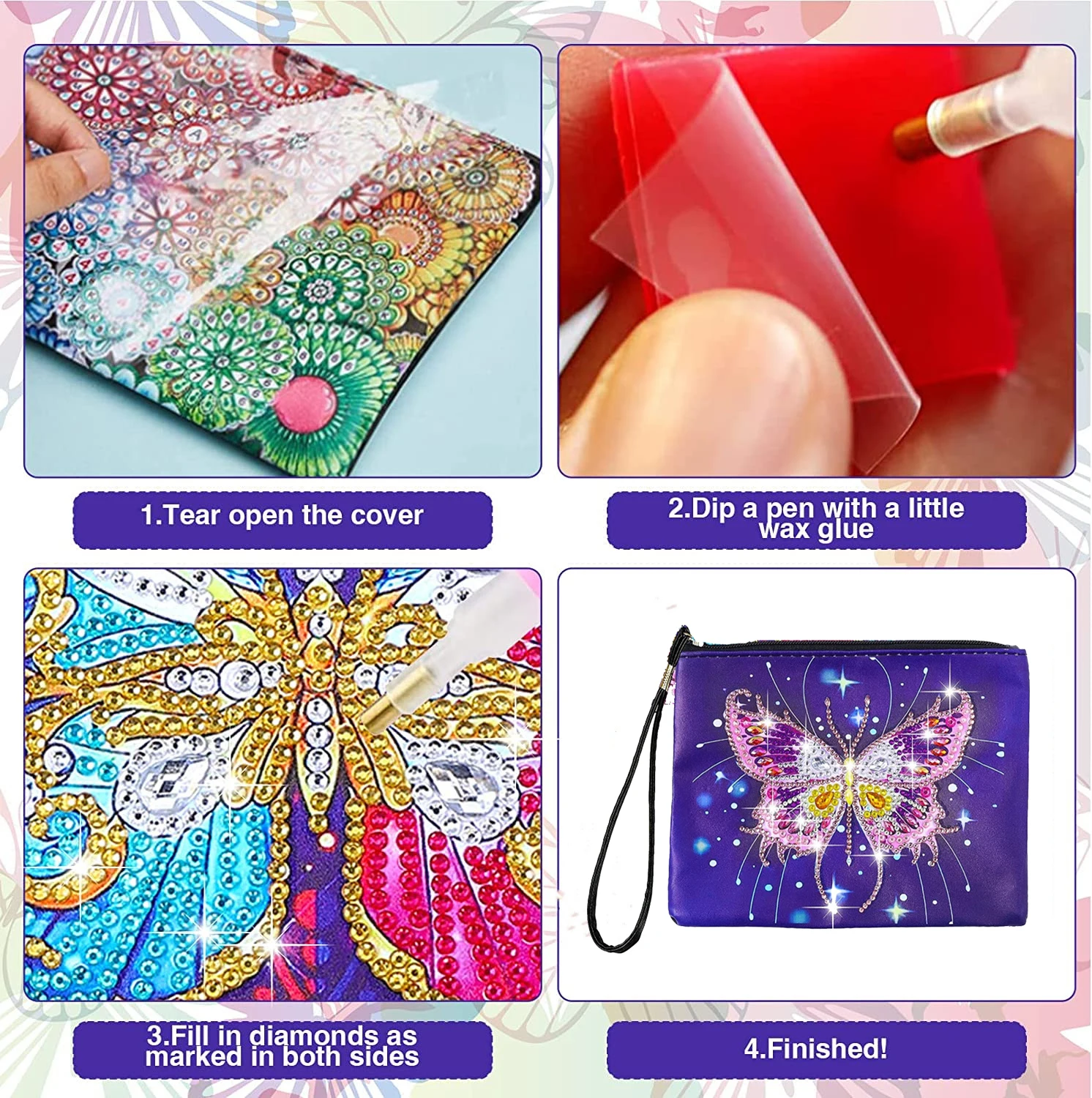 purple butterfly girls hobby diy gift   crystal beads painted storage bag