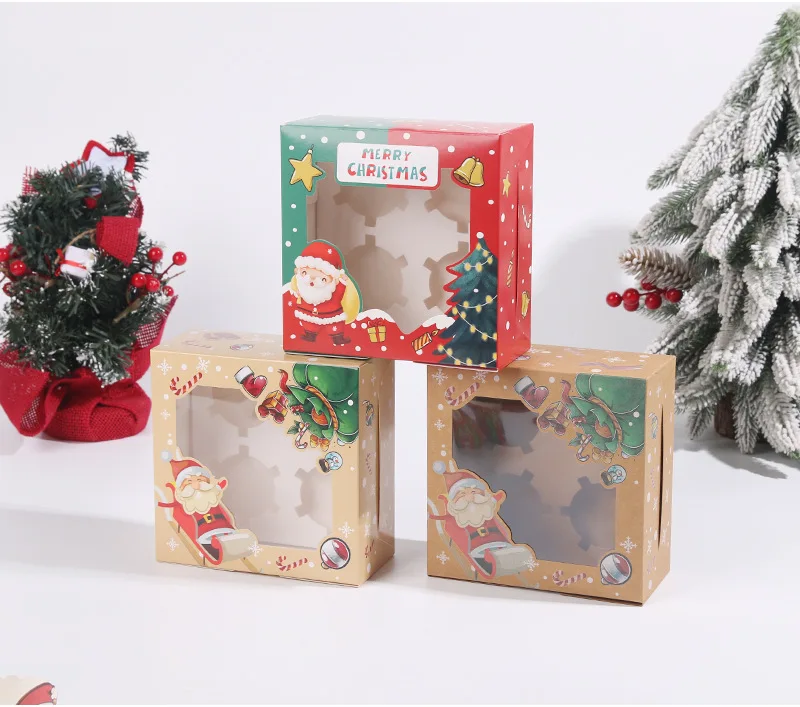 Christmas Cookie Box with Window Candy Chocolate Biscuit Packaging Boxes Xmas Gift Wrapping New Year Party Treat Box