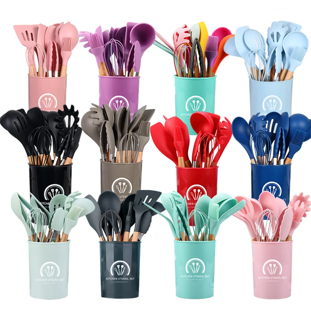 New Style 12 Pieces 1 Set Silicone Kitchen Accessories Cooking Tool Kitchenware Silicone Kitchen Utensils With Wooden Handle