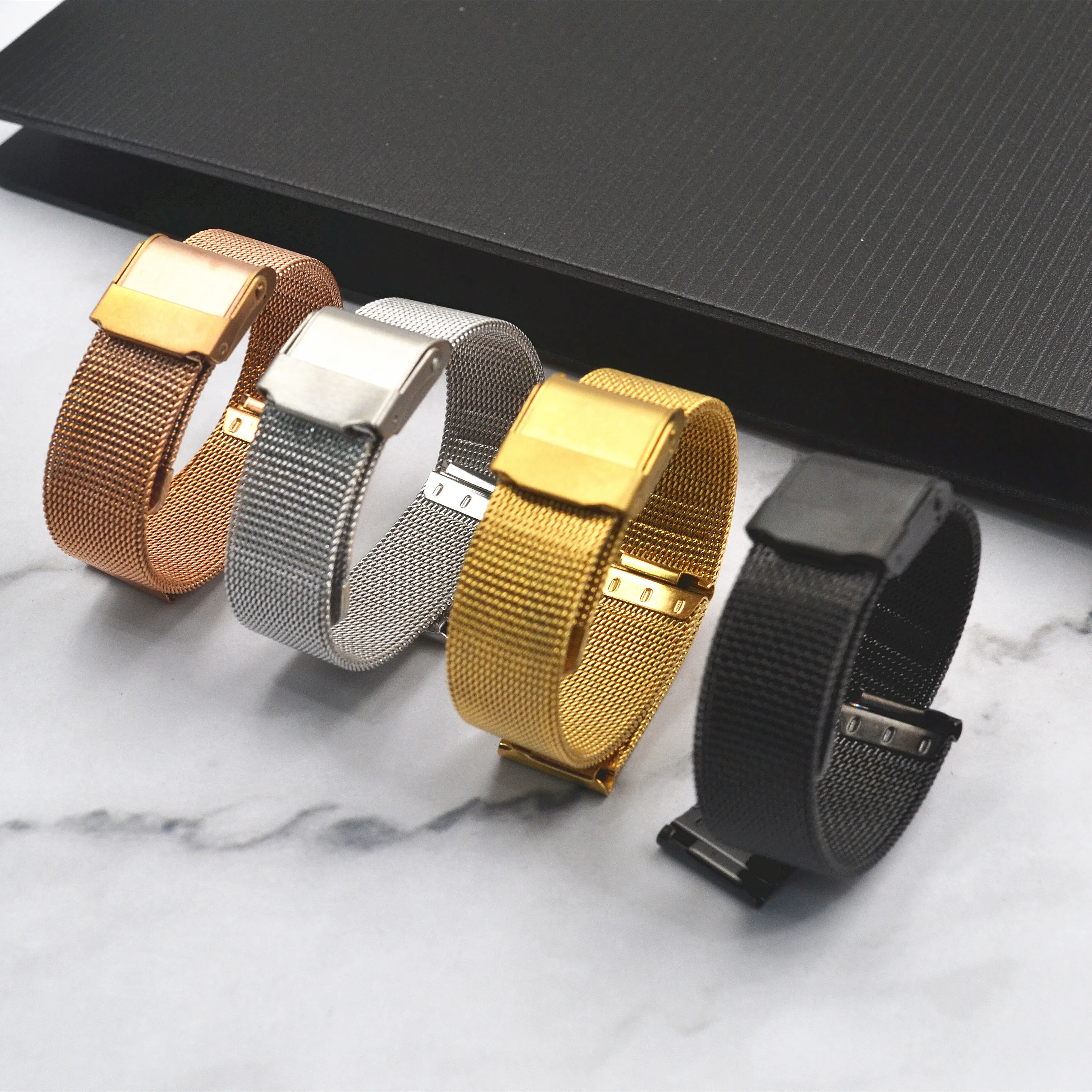 New  product 0.4mm wire black stainless steel mesh watch band with safty buckle for smart bracelet smart watch 14 - 22mm