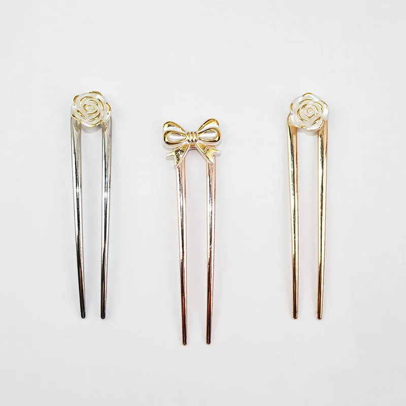 Baiyiyuan Cheap Silver Golden Lotus Flower Bowknot Decorative U Shaped Hair Pins