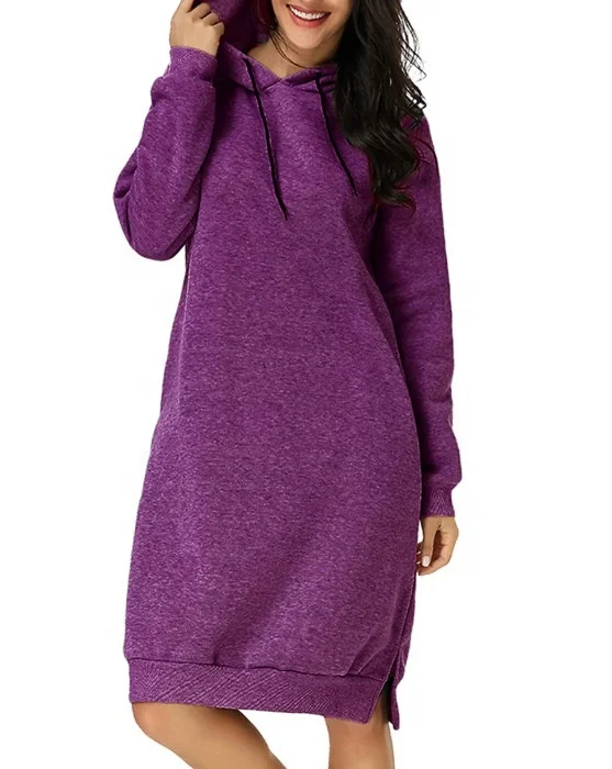 Wholesale Long Sleeve Hooded Pocket Tunic Dress Pullover Hoodie Dress Winter Sweatshirt Women Long Sleeve Solid Color Maxi Dress