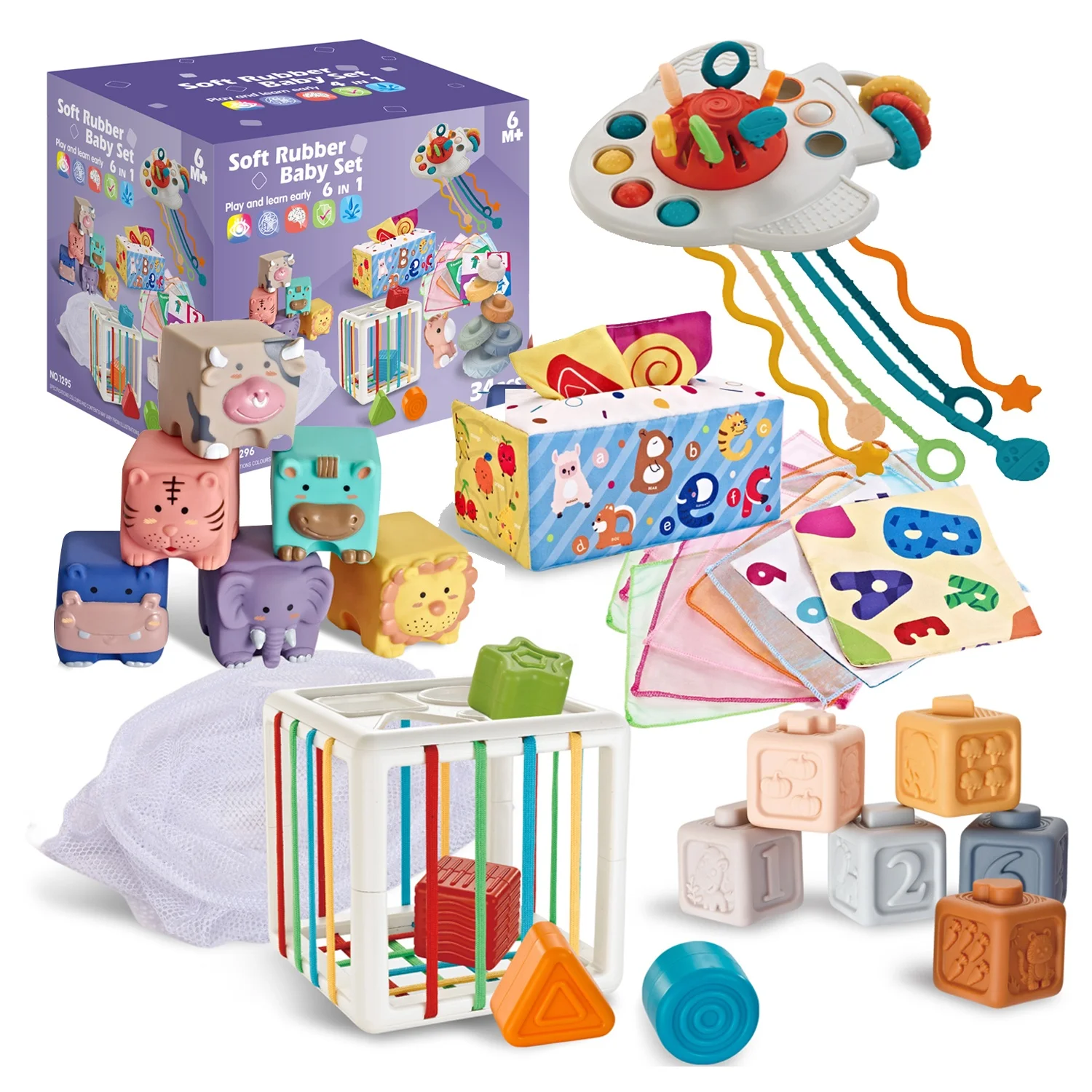 6 in 1 Montessori Baby Educational Learning Stacking Building Block Pull String Shape Sorter Activity Sensory Toy 0-6 6-12 month