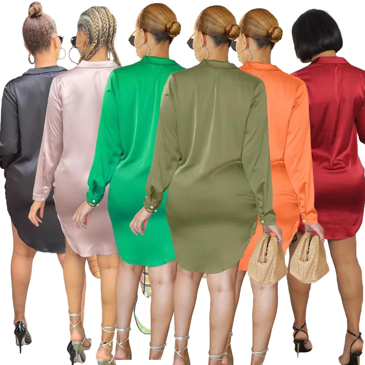 Good Quality Women Dress Irregular Design Lady Elegant Silk Satin Shirt Dress V Collar Long Sleeve Sexy Club Party Short Dress