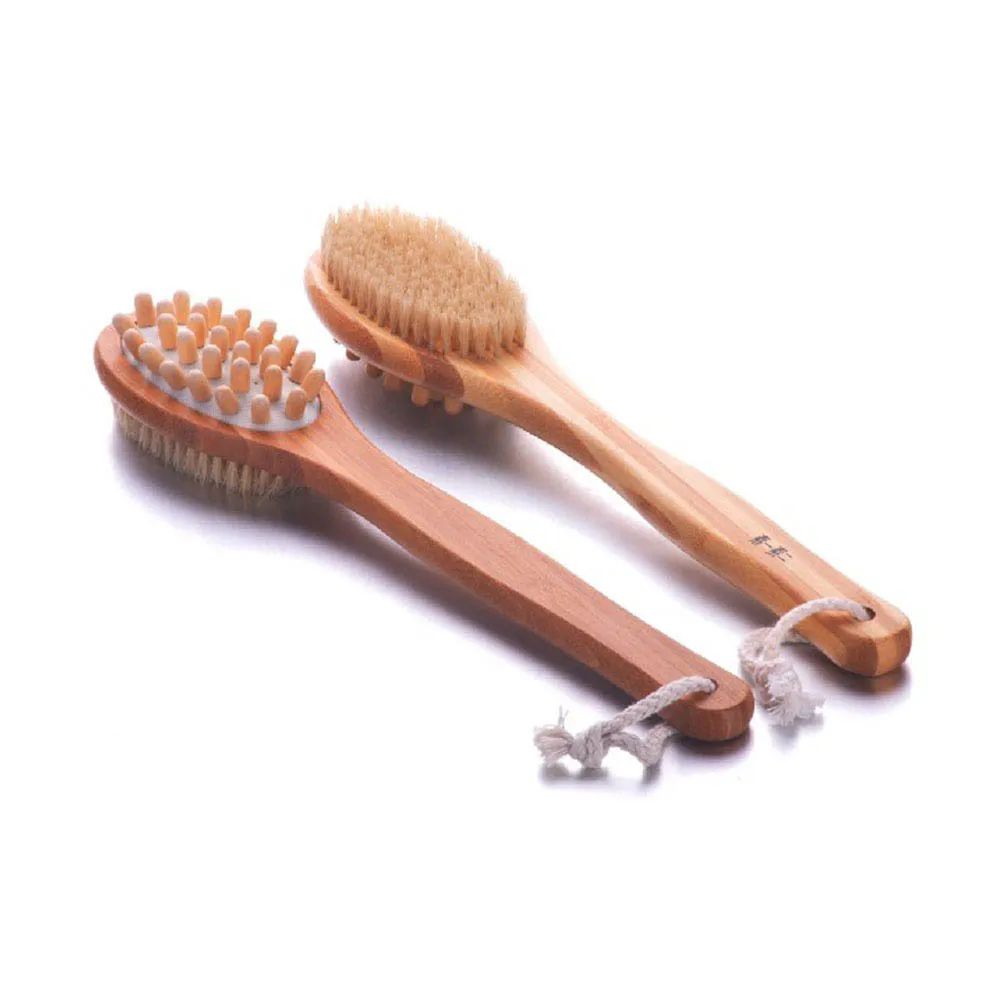 Manufacturer Bamboo long handle double sided shower back brush natural bristle pig hair bath massage brush