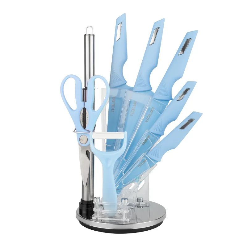 Multifunctional Rotating Acrylic Knife Block Electroplated Stainless Steel Spray Paint Knife Nine-Piece Set Gift Box Knife Set