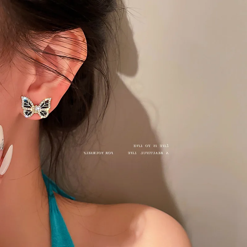 Jewelry 925 silver needle Korean elegant personality inlaid with Diamond Butterfly Earrings net red super fairy