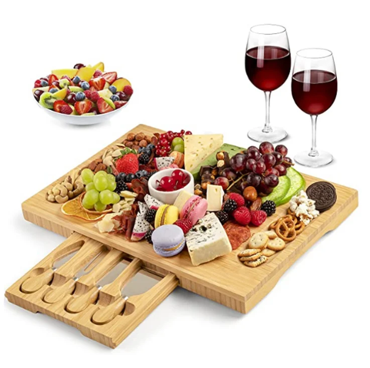 Unique Bamboo Cheese Board, Charcuterie Platter & Serving Tray Including 4 Stainless Steel Knife & Thick Wooden Server
