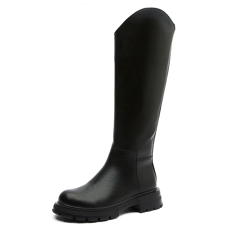 Новинка Осень-зима 2021 кожаные сапоги Детские коричневые дымчатые сапоги до колена с боковой молнией и круглым носком