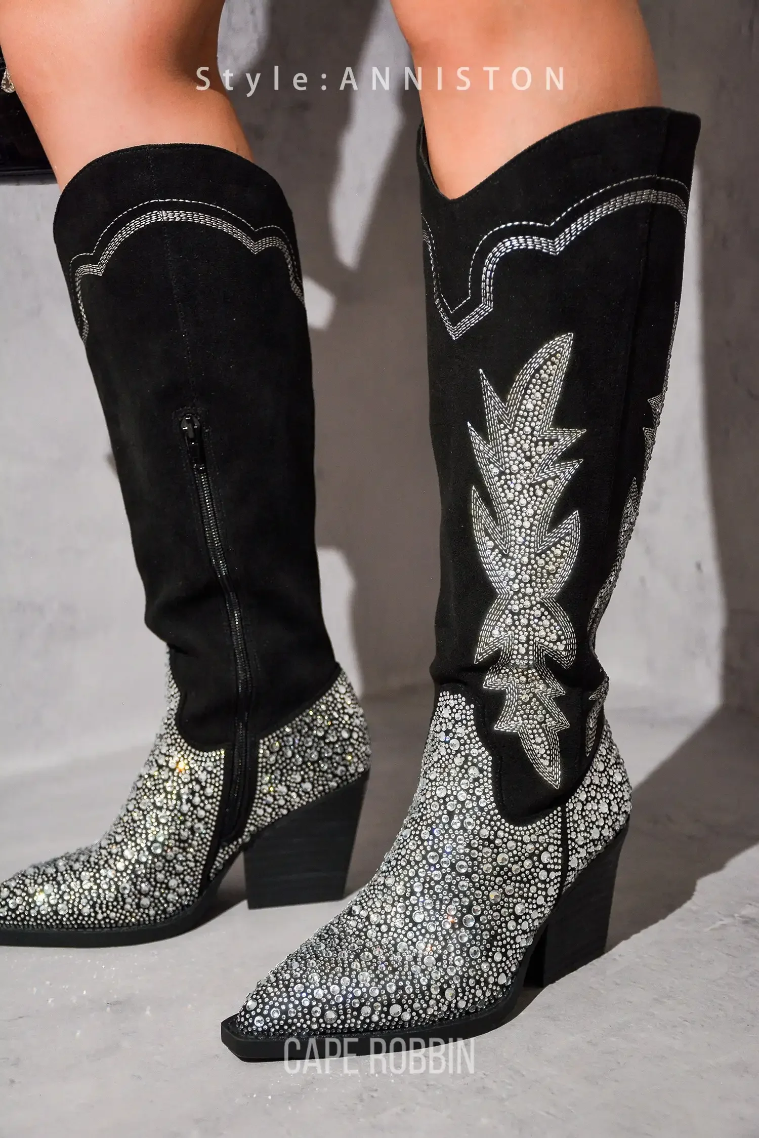 Women Black Knee High Rhinestone Boots Western Cowboy Boots Glitter Bling Shiny Block Heel Handmade Boots 44
