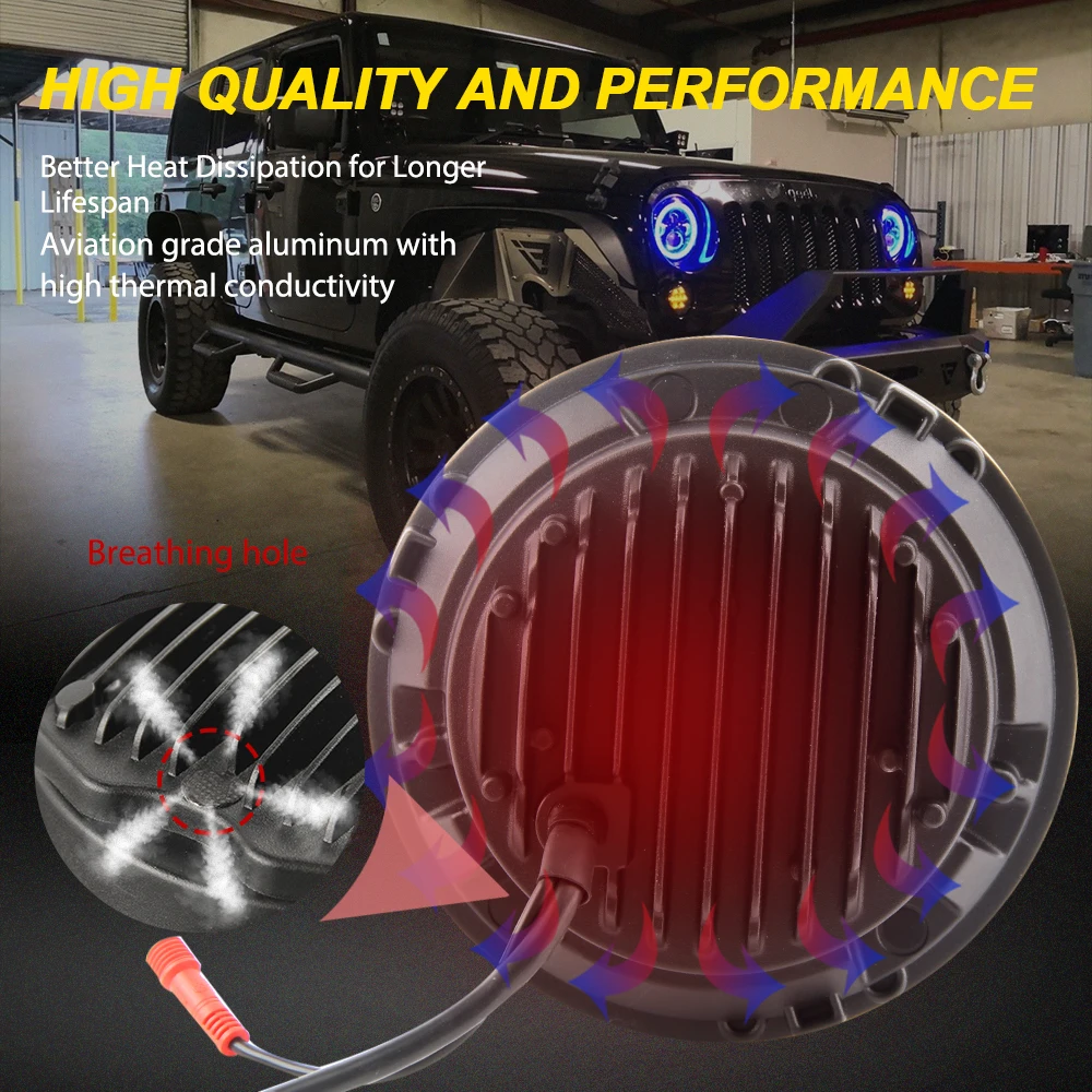 
App Control Chasing Color 4 Inch 4x4 Off Road Angel Eye Fog Light, Halo Ring Chasing 7 Inch Round RGB Led Headlight for JK JL TJ 