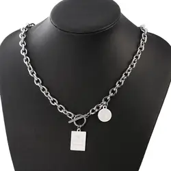 Stainless Steel Rectangle Pendant OT Buckle Chain Hip Hop Bear Pendant Necklace for Men and Women