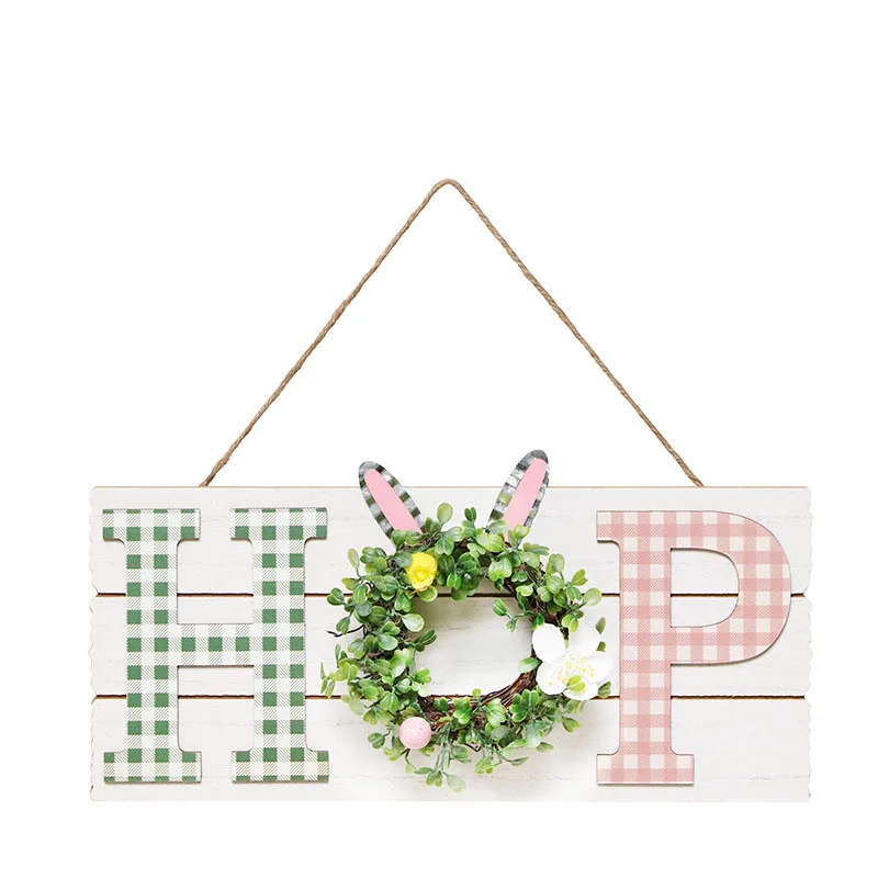 SH-223 Easter Bunny Wood Hanging Sign with Small Artificial Wreath Decorations Hop Sign