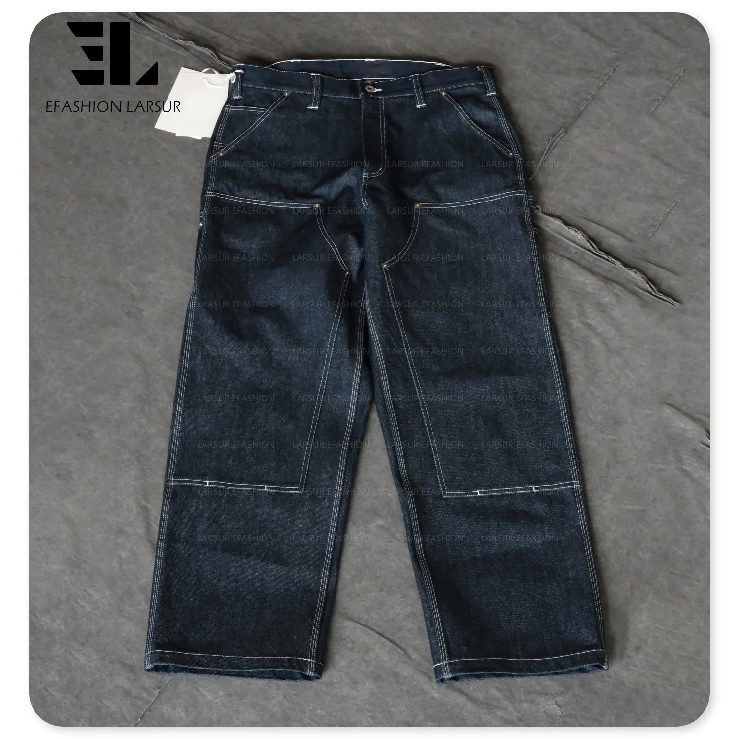 LARSUR Custom denim manufacturer raw double knee carpenter selvedge denim jeans men straight japanese style salvage denim pants