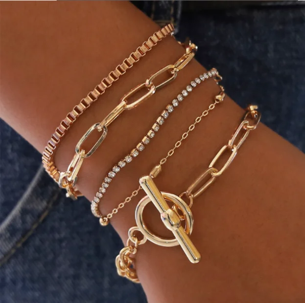 Модный геометрический металлический женский многослойный золотой браслет с бусинами из белых бриллиантов