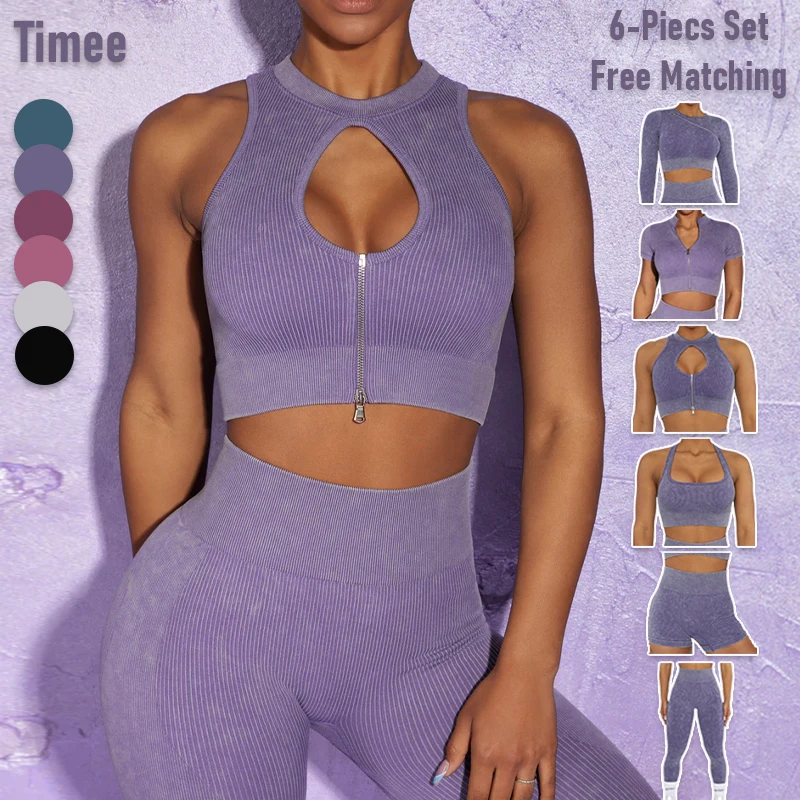 2022 new seamless yoga wear 6-pieces set zip crop top leggings bra shorts long sleeve shirts yoga set