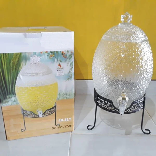 10Liter large glass food jar juice bottle with glass cover with taps with metal stand with six glass cups set box package
