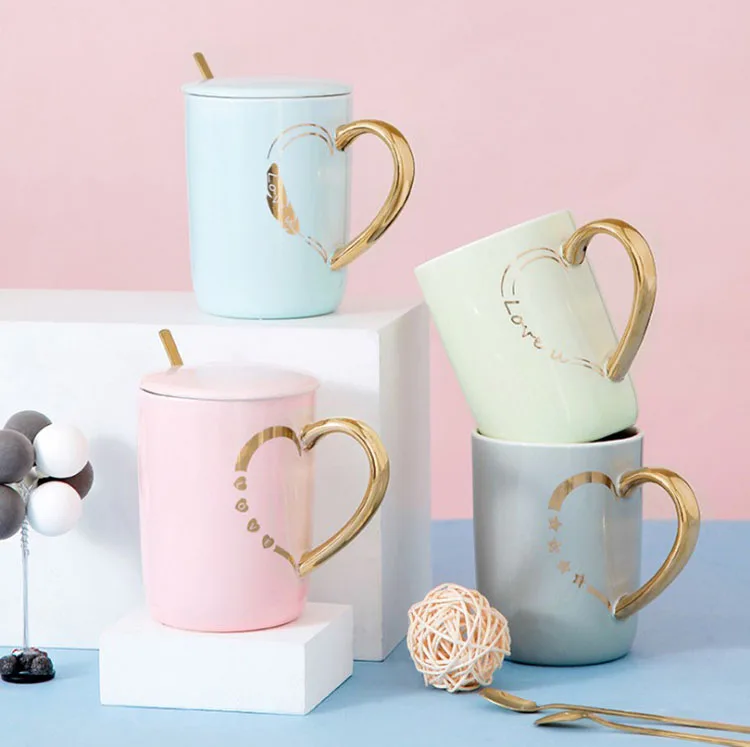 Nordic breakfast coffee cup with cover spoon lovers mug gold handle ceramic cup gift box custom wholesale