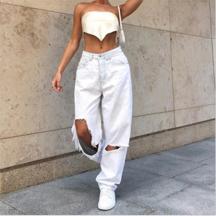 
Baggy High Waist Big Size White Ripped Jeans For Woman 
