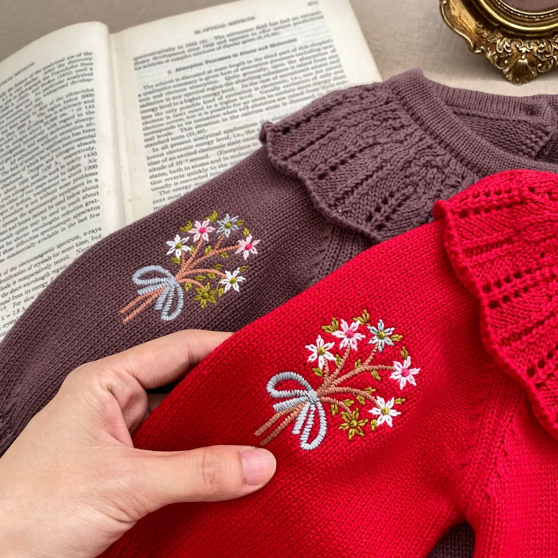 Ivy83694A 2024 New Spring Winter Toddlers Ruffle Collar Knitted Rompers Baby Infant Girls Elegant Embroidery Sweet Overalls