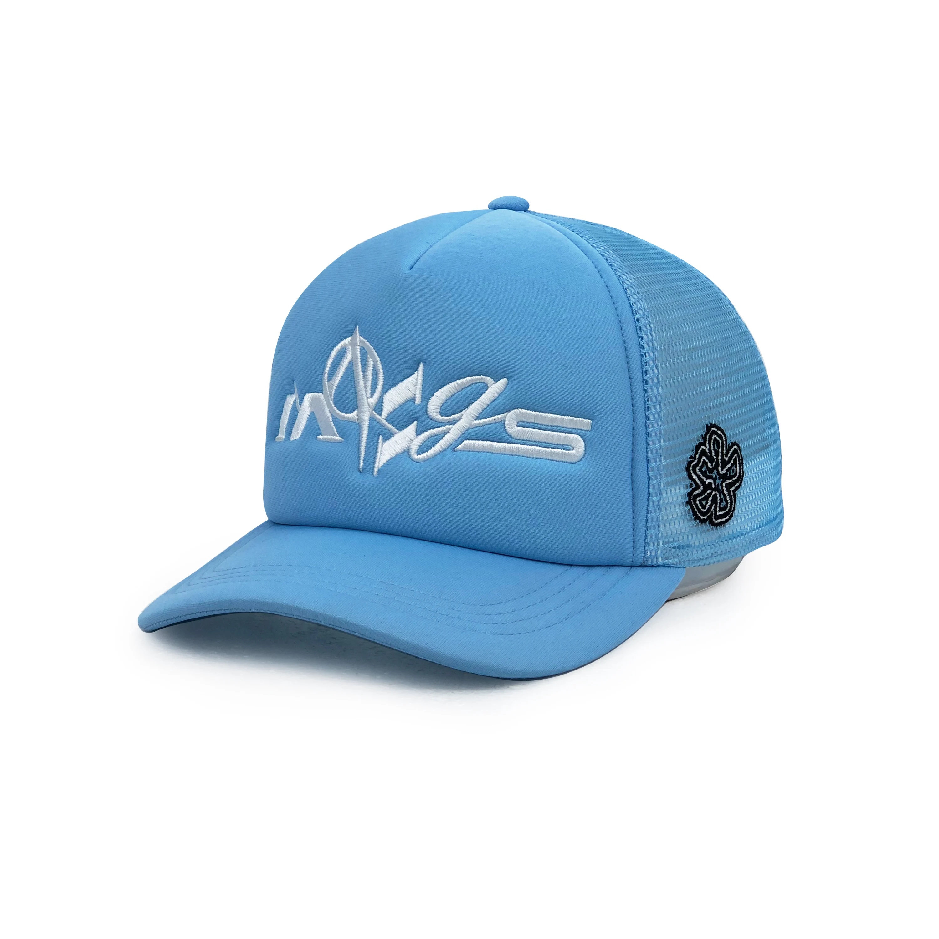 Wholesale Sports Curved Brim 5 Panel Adjustable Fitted Custom 3D Embroidered Leather Patch Logo Foam Mesh Puff Trucker Hat Cap