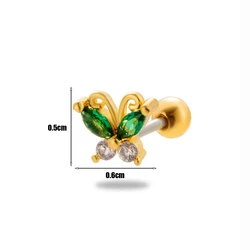 custom helix piercing women jewelry stainless steel screw back green zircon butterfly ear tragus lobe cartilage stud earrings