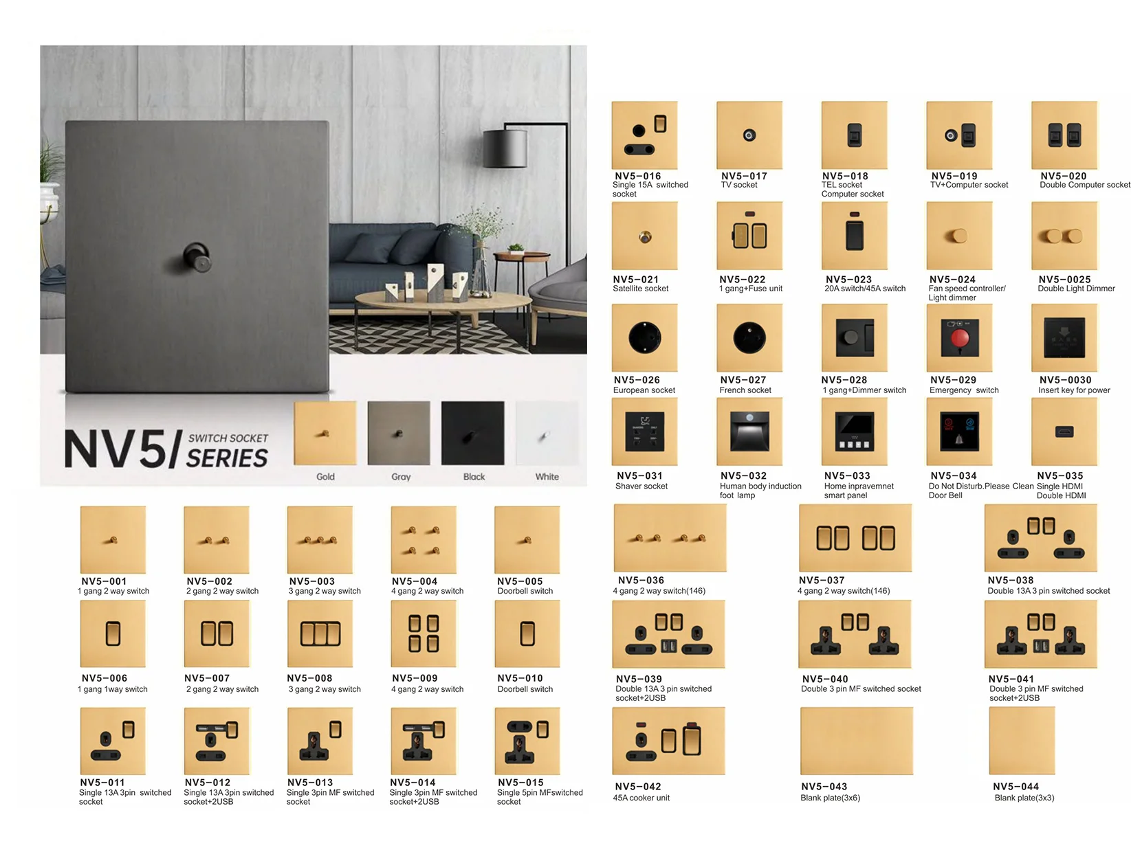 Niva stainless steel wall brass toggle light switch 2 gang 2 way UK standard luxury electric home socket 1 gang