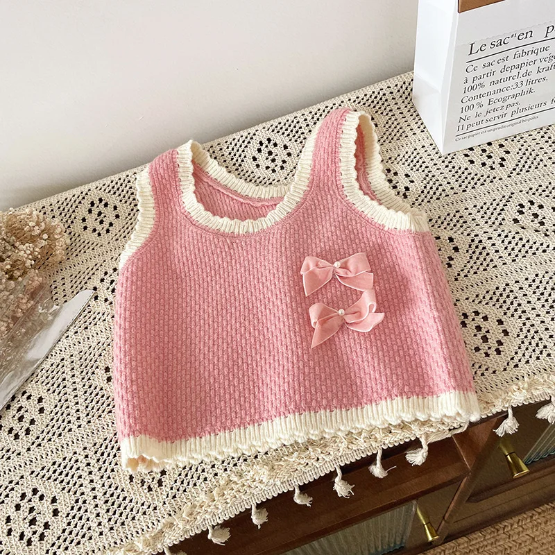 Autumn Summer fashion Baby Girl knitting vest casual sleeveless round collar knitted pullovers casual embroidery ladies knit top