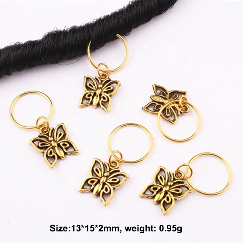 
Golden Butterfly Elephant Cross Leaves Charms Pendant Hair Ring bead For African Hair Accessory 