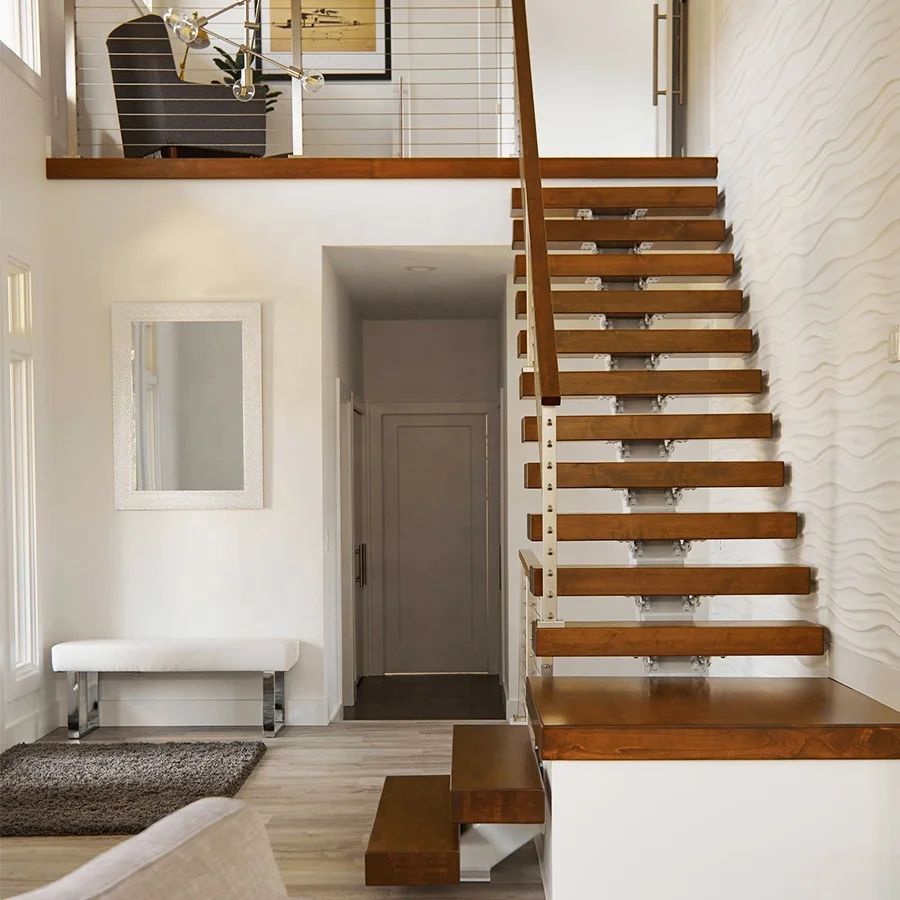 Modern Attic Loft Apartment Stairway Solid Exterior Half Turn Metal Stair Stringers Indoor Solid Wooden Steps Stair Case