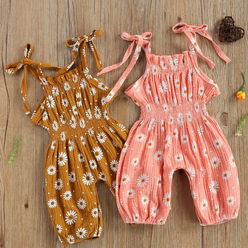 
2021 new summer baby girl clothing daisy print jumpsuit cotton and linen sleeveless baby jumpsuit newborn jumpsuit tights 