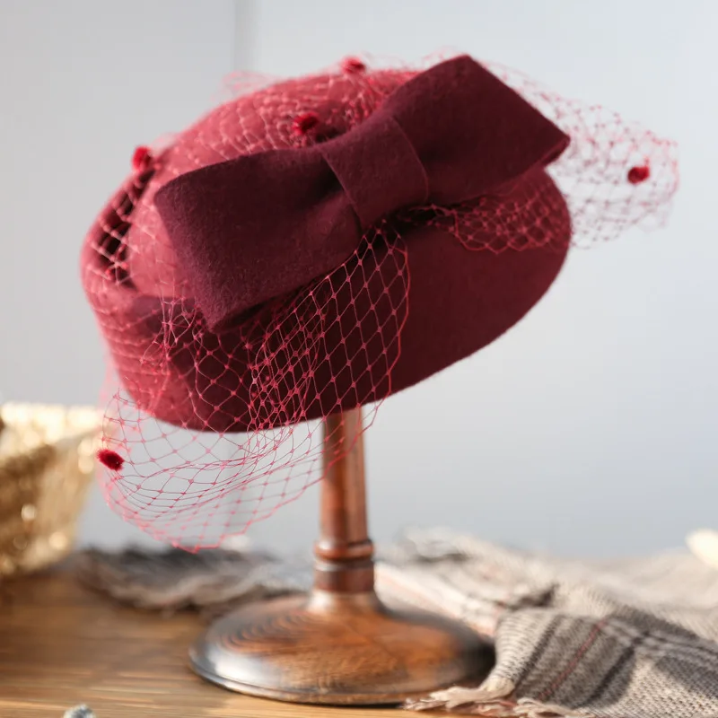 Boutique 100% Cashmere Wool Elegant Women Top Bow Hat with Veil, Celebrity Autumn Winter Bridal Tea Party Headwear