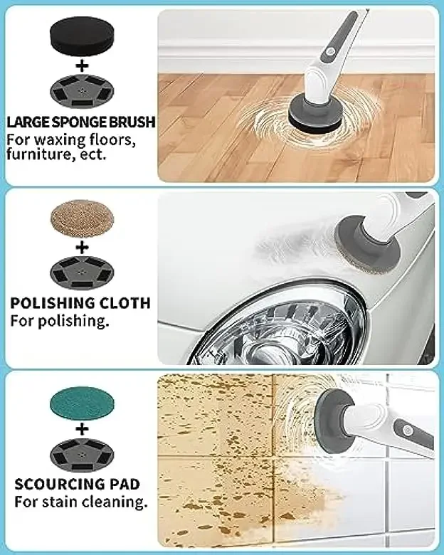 Electric Spin Scrubber, Cordless Power Floor Scrubbing Brush with 6 Replaceable Cleaning Brush Heads with Power Display