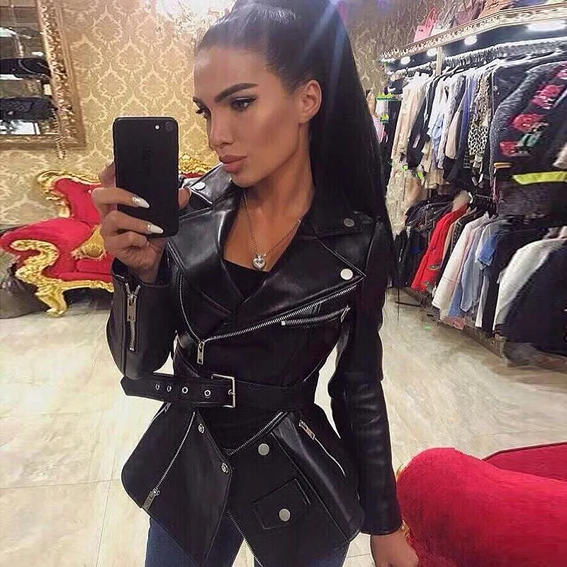 Fashion stylish winter clothes zipper black leather jackets for women