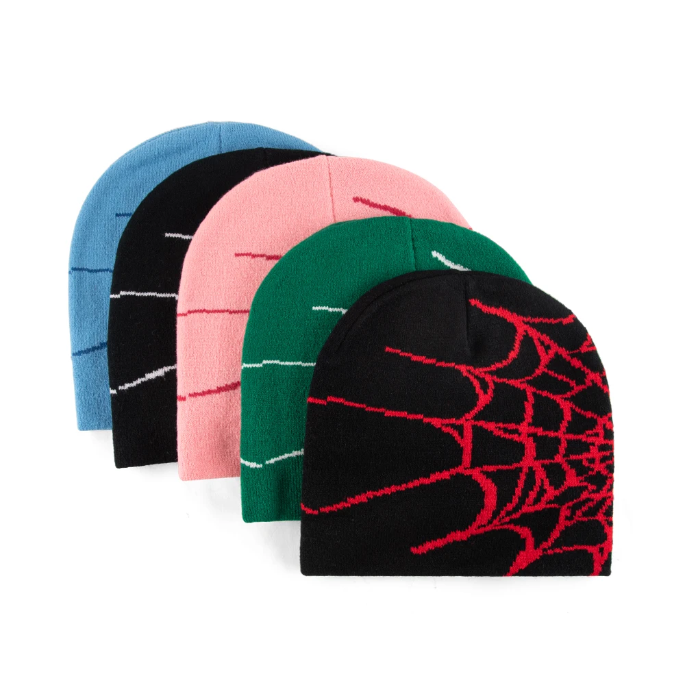 Low MOQ Custom Beanie Manufacturers All Over Print Jacquard Y2K Gothic No Cuff Fold Cuffless Winter Skull Cap Knit Hat With Logo