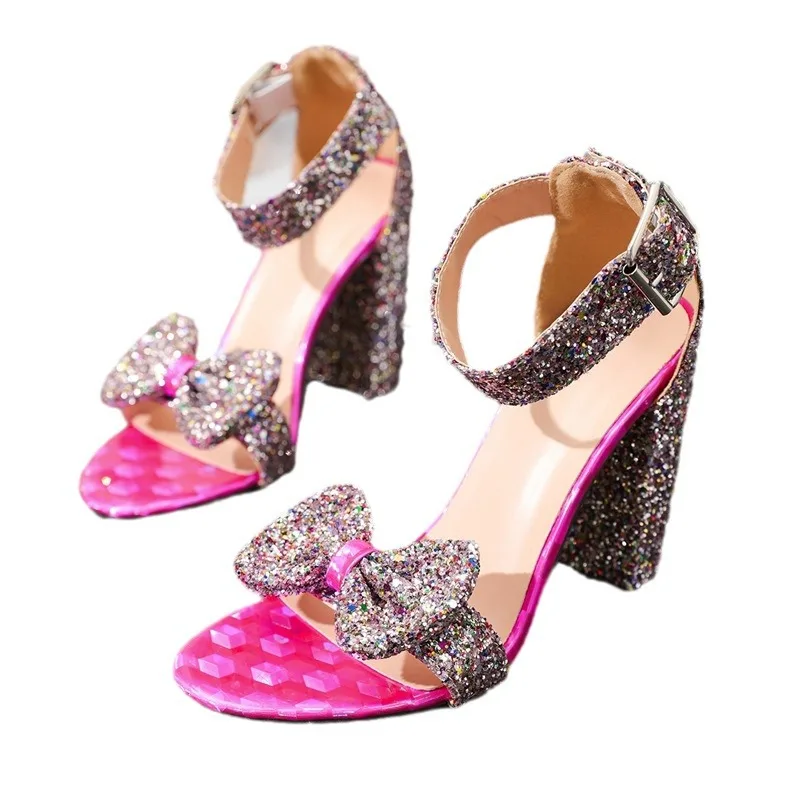 Wholesale New Sandalias 10CM Sequined Bow High heel Thick Heel Sandals Luxury Women Shoes Lace Up Heels for Women