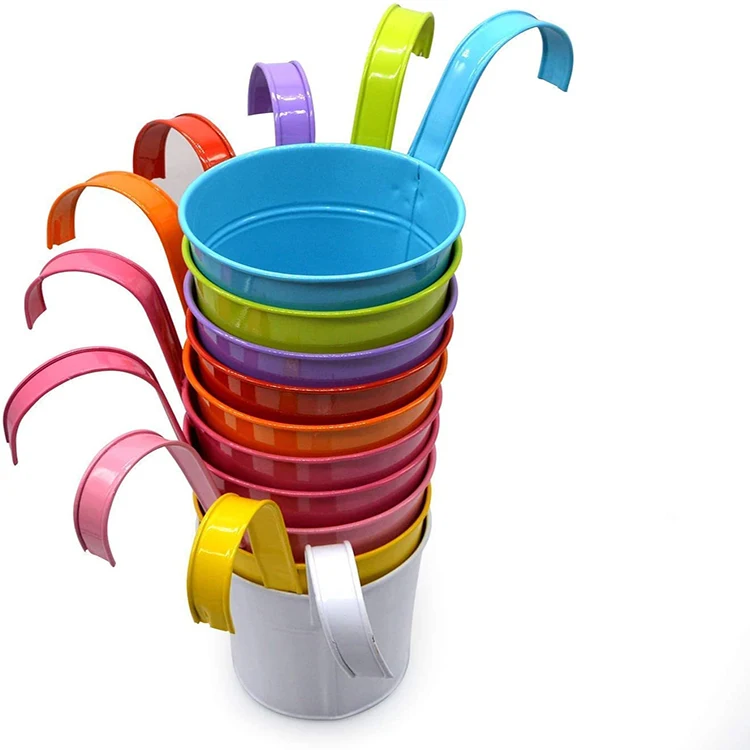 Colorful Metal Iron Hanging Flower Pots Bucket Holders With Detachable Hook Mini Fence for Indoor and Outdoor