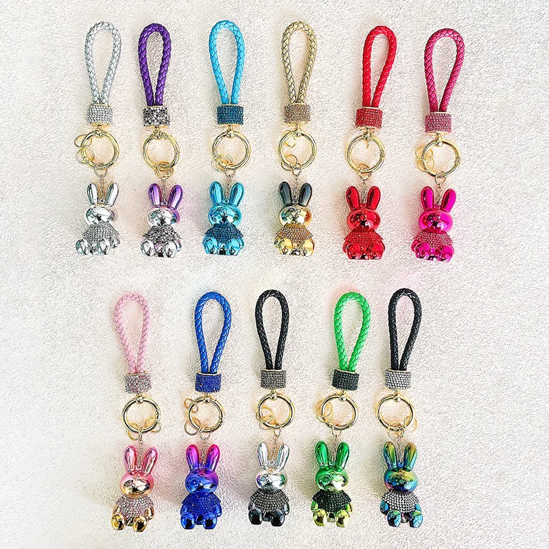 Luxury 3D Cartoon rhinestone Rabbit Crystal stone Key Chains Leather Wristlet Lanyards Bear Keychain Custom Bag pendants