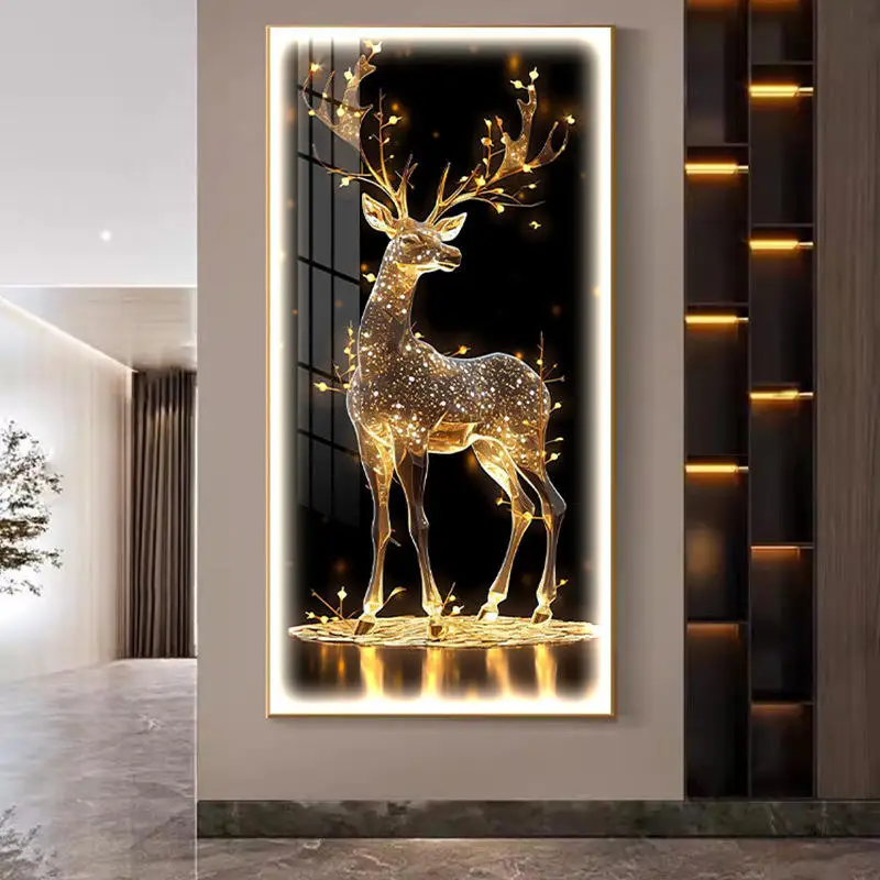 Modern decoration luxury custom led light animal deer artwork led crystal porcelain painting wall art