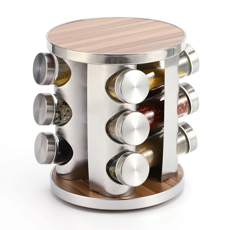Round 3 Tier Rotating Bamboo Spice Storage Rack Shelf Seasoning Holder Rack Wall Mount Spice Jar With Wooden Rack Holder