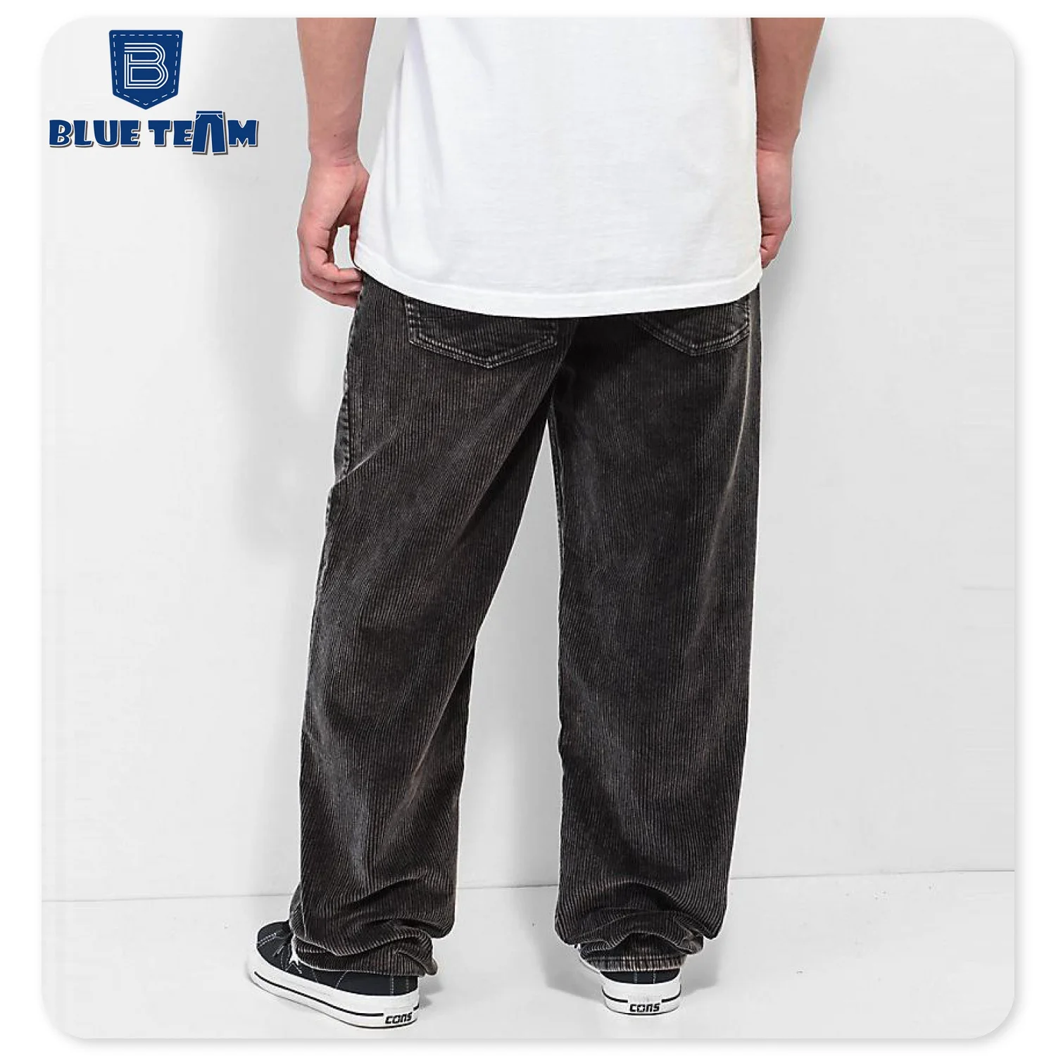 Blue Team | Custom mens with logo black washed loose fit wide leg baggy corduroy pants lace up skate jeans men